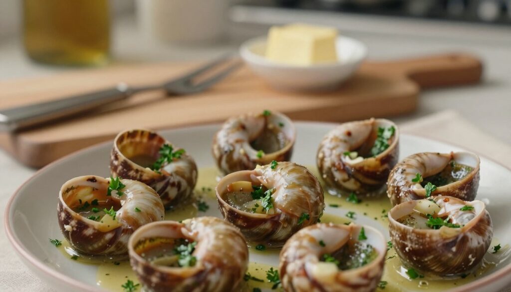 A close-up view of a beautifully arranged plate of freshly cooked snails Bordelaise, glistening with garlic herb butter and garnished with finely chopped parsley. In the foreground, the focus is on the snails nestled in their shells, with small pieces of fragrant garlic and herbs visible. In the middle ground, a wooden cutting board displays tools like a snail fork and a small butter dish, emphasizing the preparation aspect. The background features a subtle kitchen setting with soft, warm lighting that creates an inviting atmosphere. Use a shallow depth of field to highlight the snails sharply while gently blurring the kitchen elements. The overall mood is rustic and culinary, evoking a sense of gourmet tranquility in home cooking.