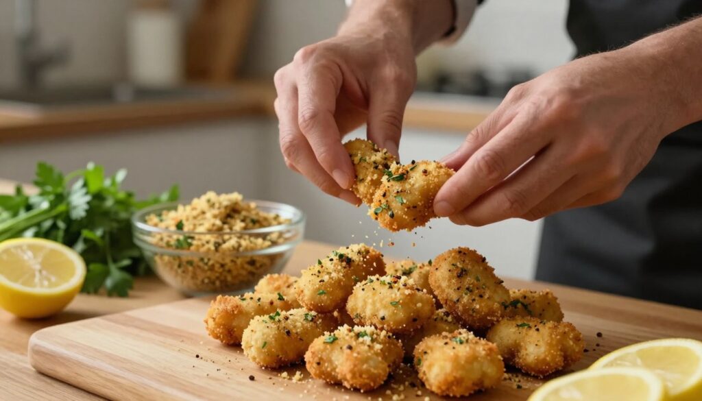A close-up view of a chef’s hands expertly coating fish nuggets in a flavorful mixture. The foreground features crispy, golden-brown nuggets being rolled in a blend of breadcrumbs, herbs, and spices, showcasing texture and detail. In the middle, a bowl filled with the coating mixture sits on a wooden kitchen counter, surrounded by fresh ingredients like parsley and lemon slices. The background is softly blurred, hinting at a cozy, well-lit kitchen with warm, inviting lighting that enhances the colors of the ingredients. The atmosphere is dynamic and engaging, conveying a sense of culinary creativity and the joy of cooking. Capture the scene with a slightly angled perspective to emphasize the action of coating the fish.