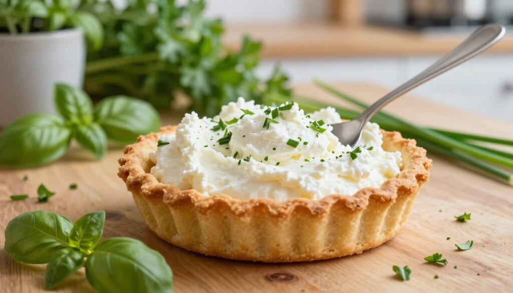 A close-up view of a creamy filling made from ricotta and fresh herbs, beautifully spooned into a golden-brown puff pastry tart shell. The tart sits on a rustic wooden table, surrounded by vibrant greens of basil, parsley, and chives. Soft, natural lighting enhances the textures of the filling and pastry, creating an inviting feel. In the background, out-of-focus kitchen elements like herbs in pots and a light-colored countertop suggest a cozy cooking space. The mood is warm and homey, ideal for a brunch setting. The shot is captured at a slight angle to emphasize the layers of the tart and the freshness of the ingredients, highlighting the delicious potential of the filling combination.