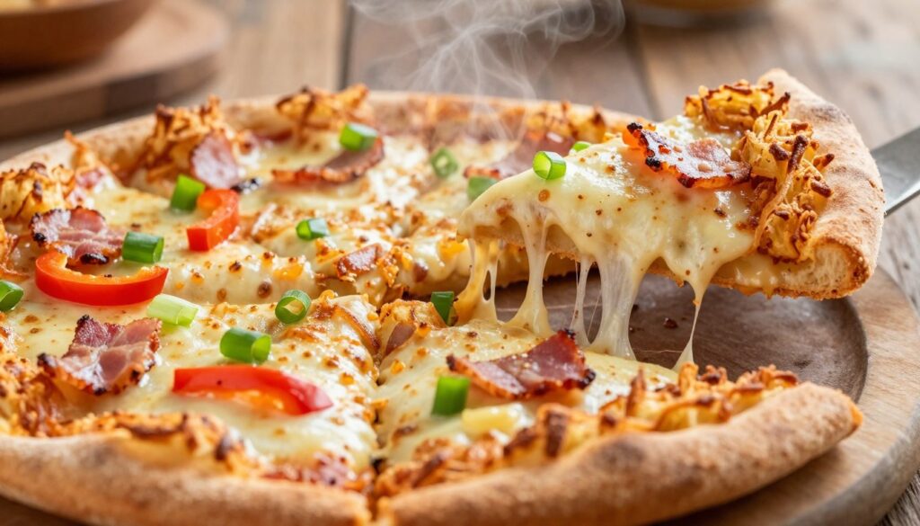 A close-up view of a delicious crispy hash brown pizza, freshly baked and golden brown, with a gooey layer of melted cheese stretching as it's sliced. The pizza crust, made of finely grated hash browns, is perfectly crisped at the edges, creating an appealing texture. The foreground features vibrant toppings like diced bell peppers, green onions, and savory bits of bacon, arranged artfully. In the background, a rustic wooden table setting enhances the cozy home-cooked feel, with soft, diffused natural lighting casting a warm glow over the scene. Capture the inviting steam rising from the pizza, evoking a sense of comfort and indulgence, as if it's just come out of the oven ready to be enjoyed.