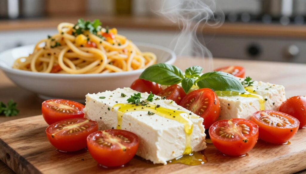 A close-up view of a freshly baked feta and tomato mixture, artistically arranged on a rustic wooden table. In the foreground, a creamy block of feta cheese is surrounded by vibrant, juicy cherry tomatoes bursting with color, drizzled with olive oil and sprinkled with fresh herbs like basil and parsley. The rich textures of the melted feta contrast with the glossy tomatoes, steaming gently to convey warmth. In the middle ground, a serving of spiralized spaghetti squash sits in a white bowl, lightly seasoned and ready to mix. The background softly blurs out to reveal a cozy kitchen setting with soft, warm lighting, creating an inviting atmosphere. The image captures the essence of homemade comfort food, highlighting vibrant colors and enticing textures in a serene, appetizing composition.