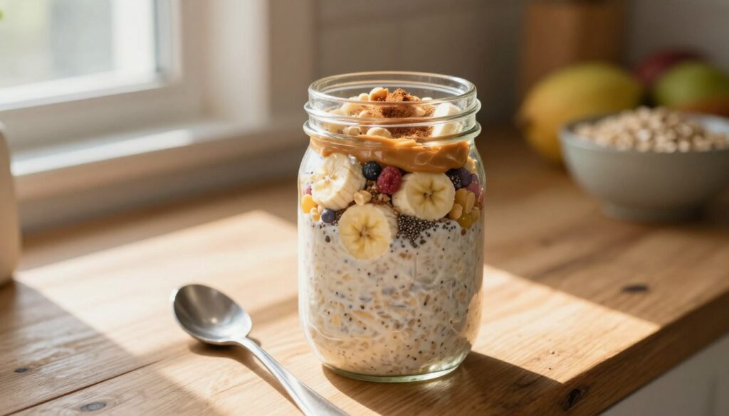 A close-up view of a mason jar filled with creamy overnight oats, perfectly layered with rich peanut butter on top, and colorful mix-ins like slices of banana, chia seeds, and a sprinkle of cinnamon. The jar sits on a rustic wooden kitchen counter, with a spoon resting beside it. Soft morning light streams in from a nearby window, casting a warm, inviting glow and creating subtle shadows. In the background, there are hints of a cozy kitchen atmosphere with blurred details of fresh fruits and a bowl of oats, enhancing the simplicity and convenience of preparing this breakfast. The overall mood is calm and inviting, perfect for those looking for a hassle-free meal.