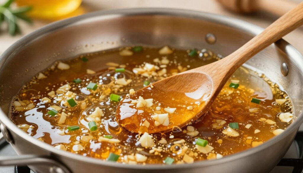 A close-up view of a simmering honey garlic sauce in a shiny stainless steel pan, with rich amber hues reflecting the golden color of honey. The sauce is thick and bubbling, showcasing glistening bits of minced garlic and specks of finely chopped green onions. In the foreground, a wooden spoon rests in the sauce, highlighting its sticky texture as it clings to the spoon. The background features a softly blurred kitchen scene with warm ambient lighting and hints of various herbs and spices, creating a cozy and inviting atmosphere. The angle is slightly elevated, capturing the sauce's delightful sheen and the intricate details within the pan, evoking a sense of delicious anticipation. A close-up view of a simmering honey garlic sauce in a shiny stainless steel pan, with rich amber hues reflecting the golden color of honey. The sauce is thick and bubbling, showcasing glistening bits of minced garlic and specks of finely chopped green onions. In the foreground, a wooden spoon rests in the sauce, highlighting its sticky texture as it clings to the spoon. The background features a softly blurred kitchen scene with warm ambient lighting and hints of various herbs and spices, creating a cozy and inviting atmosphere. The angle is slightly elevated, capturing the sauce's delightful sheen and the intricate details within the pan, evoking a sense of delicious anticipation.