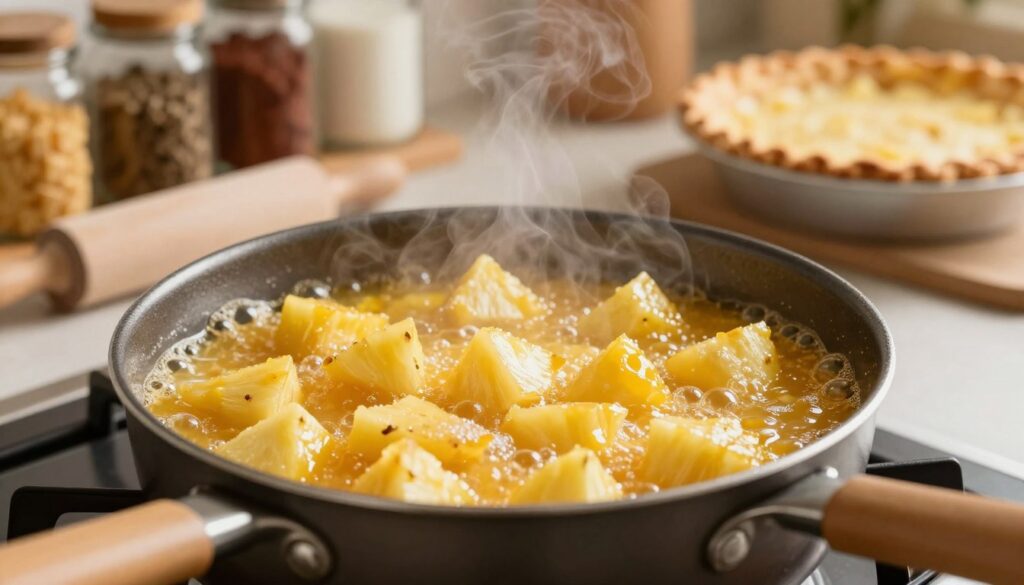 A close-up view of a small saucepan filled with rich, golden pineapple pie filling, bubbling gently as it simmers on a stove. The filling features chunks of ripe pineapple, glistening with a hint of sugar and a touch of cornstarch for thickening, with steam rising delicately above. The setting is a cozy kitchen, with warm, inviting lighting that highlights the glossy texture of the filling. In the background, soft-focus jars of spices and baking ingredients line a wooden shelf, while a rolling pin and freshly baked pie crust await on a countertop. The mood is warm and homey, evoking the joy of cooking a beloved dessert. The angle should be slightly tilted to capture both the filling and the inviting atmosphere of the kitchen.