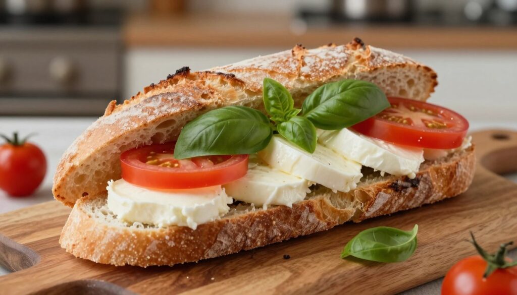 A close-up view of an easy Mediterranean cheese sandwich featuring layers of fresh mozzarella, vibrant basil leaves, and ripe tomato slices, all nestled between slices of crusty artisan bread. The sandwich is elegantly arranged on a wooden cutting board, garnished with a few basil sprigs and cherry tomatoes. Soft, warm lighting creates a cozy atmosphere, highlighting the textures of the cheese and the freshness of the ingredients. In the background, a rustic kitchen setting can be seen, with muted colors to keep the focus on the sandwich. The angle is slightly tilted, adding depth to the composition. The overall mood is inviting and delicious, conveying a sense of simple culinary pleasure and Mediterranean charm.