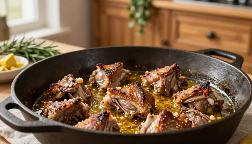 A close-up view of browning rabbit pieces in a large, cast-iron skillet, sizzling gently in a golden-brown garlic-infused oil. The rabbit pieces are succulent and richly colored, displaying a crispy texture that promises flavor. Surrounding the skillet, there are ingredients ready for braising: fresh mustard, aromatic rosemary, and cream, creating a sense of preparation. In the background, a rustic kitchen setting is softly blurred, with warm wooden cabinets and herbs hanging to evoke a cozy, inviting atmosphere. The lighting is natural, streaming in from a nearby window, casting gentle shadows to enhance the texture and details of the dish. The overall mood is warm and inviting, perfect for a comforting culinary experience.