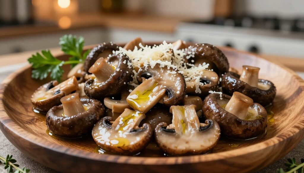 A close-up view of elegantly arranged sautéed mushrooms on a rustic wooden plate, showcasing a variety of mixed mushrooms like shiitake, cremini, and oyster, glistening with a light sheen of olive oil. Delicately sprinkle vegan parmesan cheese on top, adding a textured contrast. The background features a softly blurred image of a cozy kitchen with warm, ambient lighting that creates a welcoming atmosphere. The mushrooms are the focal point, with a shallow depth of field emphasizing their rich, earthy colors. A few fresh herbs like parsley or thyme lay beside the plate, enhancing the visual appeal. Capture this gourmet dish from an overhead angle to provide a comprehensive view of the toppings and garnishes, evoking a sense of culinary artistry and sophistication. A close-up view of elegantly arranged sautéed mushrooms on a rustic wooden plate, showcasing a variety of mixed mushrooms like shiitake, cremini, and oyster, glistening with a light sheen of olive oil. Delicately sprinkle vegan parmesan cheese on top, adding a textured contrast. The background features a softly blurred image of a cozy kitchen with warm, ambient lighting that creates a welcoming atmosphere. The mushrooms are the focal point, with a shallow depth of field emphasizing their rich, earthy colors. A few fresh herbs like parsley or thyme lay beside the plate, enhancing the visual appeal. Capture this gourmet dish from an overhead angle to provide a comprehensive view of the toppings and garnishes, evoking a sense of culinary artistry and sophistication.