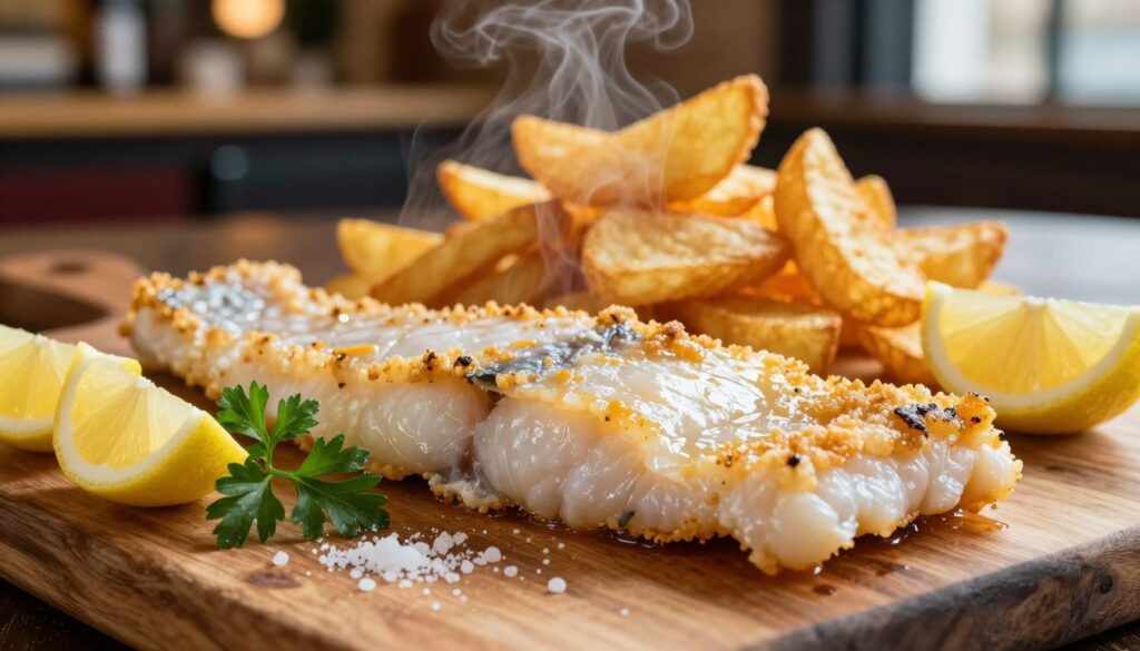 A close-up view of fresh, beautifully presented cod and haddock fillets, each fillet glistening with a light coating of golden batter. In the foreground, the fish fillets are artfully arranged on a rustic wooden cutting board, garnished with lemon wedges and sprigs of parsley. A sprinkle of sea salt is visible, enhancing the appeal. The middle ground features a classic serving of golden, crispy chips, perfectly fried, with a subtle hint of steam rising to indicate freshness. The background is softly blurred, showcasing a traditional British pub setting with warm, inviting lighting that creates a cozy atmosphere. The lens captures the scene with a shallow depth of field, ensuring the focus remains on the vibrant colors and textures of the seafood and chips, evoking a sense of comfort and tradition.
