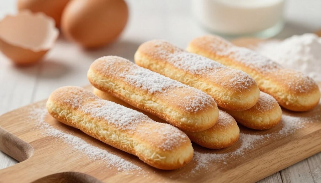 A close-up view of freshly baked homemade ladyfingers arranged elegantly on a wooden cutting board. The ladyfingers should have a light golden-brown color, with a slightly dusted powdered sugar topping, showcasing their delicate texture. In the background, softly blurred, there are ingredients like eggs, flour, and sugar scattered artfully, suggesting the baking process. The lighting is warm and natural, coming from the side to create soft shadows, enhancing the inviting atmosphere. A shallow depth of field focuses on the ladyfingers while the background remains soft and subtle, contributing to a cozy and homey mood, perfect for a delicious dessert preparation.