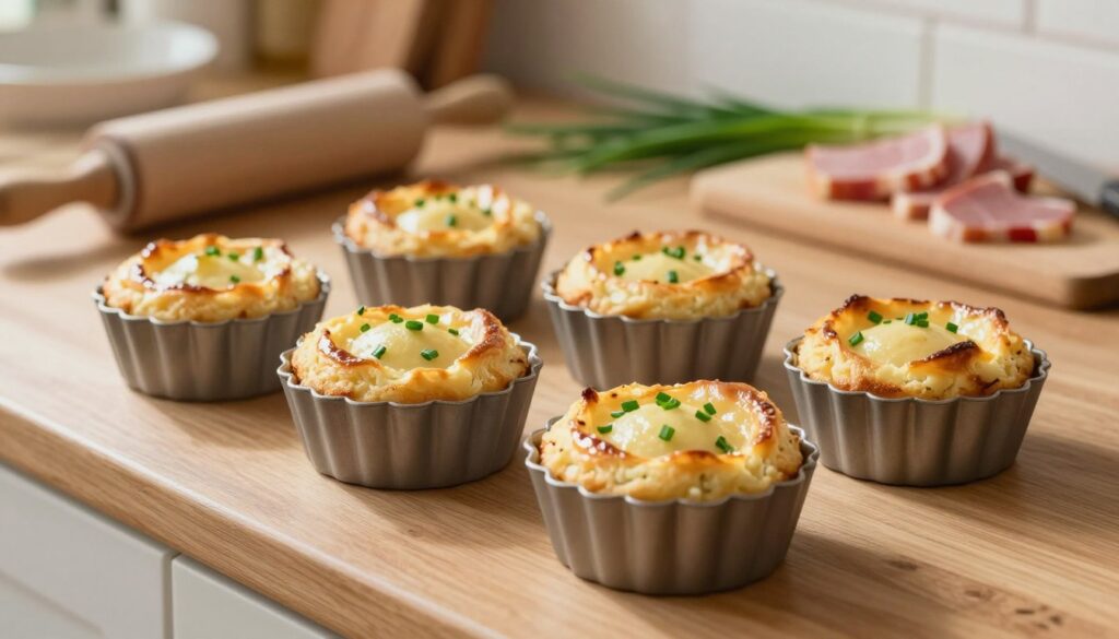 A close-up view of freshly baked small ham and chive flans arranged beautifully on a wooden kitchen counter. The flans, golden-brown with green chive specks visible on top, are set in elegant flan tins, their smooth surfaces glistening under soft natural light. In the background, a rustic kitchen scene is visible, featuring a rolling pin, a bowl of chives, and a cutting board with diced ham. The warm, inviting atmosphere is enhanced by gentle shadows and a soft focus effect, suggesting a cozy cooking environment. The composition draws attention to the textures and colors of the flans while maintaining a simple, professional presentation suitable for culinary illustration.