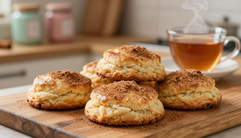 A close-up view of soft cinnamon biscuits freshly baked and still warm, arranged expertly on a rustic wooden countertop. The biscuits have a light golden-brown hue, dusted generously with sparkling cinnamon sugar, glistening under soft, warm ambient lighting. In the background, there's a faint blur of a cozy kitchen setting, with pastel-colored jars of cinnamon and sugar subtly framed on a shelf, adding a homely touch. A delicate, steaming cup of tea sits beside the biscuits, enhancing the inviting atmosphere. The scene captures a sense of warmth and comfort, ideal for storing or enjoying these delightful treats. The image should have a shallow depth of field, focusing sharply on the biscuits while the background remains soft.
