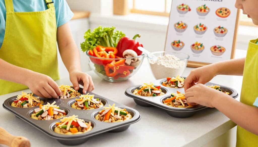 A colorful kitchen countertop featuring step-by-step preparation of healthy pizza muffins for kids. In the foreground, a child in a bright, cheerful apron carefully arranges muffin tins filled with a wholesome pizza batter topped with colorful vegetables, lean turkey, and shredded cheese. In the middle, a bowl overflowing with fresh ingredients, such as diced bell peppers and mushrooms, and a measuring cup filled with whole wheat flour, showcasing the healthy components. The background hints at a sunny, inviting kitchen with warm, natural lighting filtering in through a window, highlighting a recipe card with hand-drawn illustrations of the muffins. The overall mood is playful and lively, emphasizing a fun cooking experience that encourages children to join in.