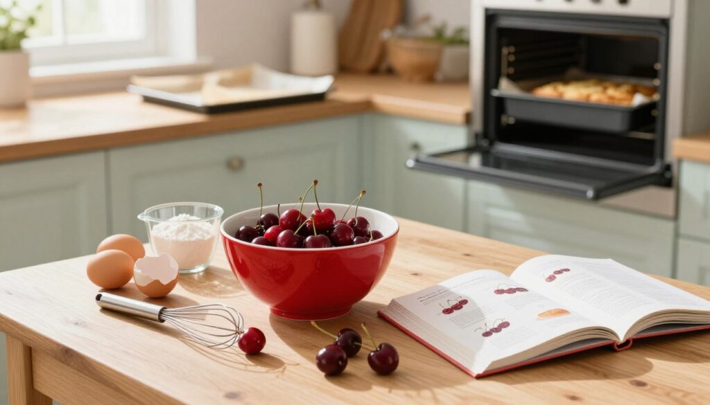 A cozy, inviting kitchen scene showing the preparation of an easy cherry cake from scratch. In the foreground, a wooden table is adorned with a bright red mixing bowl filled with fresh cherries, flour, eggs, and sugar, alongside a whisk and measuring cups. Beside it, an open recipe book displays step-by-step instructions, with natural light streaming in from a nearby window, creating a warm and inviting atmosphere. In the middle ground, the backdrop reveals a rustic kitchen with a baking sheet lined with parchment paper, and a cake baking in the oven, hinting at the delicious outcome. The color palette features soft pastels and vibrant reds, casting a cheerful mood perfect for an afternoon tea gathering. The angle captures the essence of home baking, emphasizing warmth and simplicity.