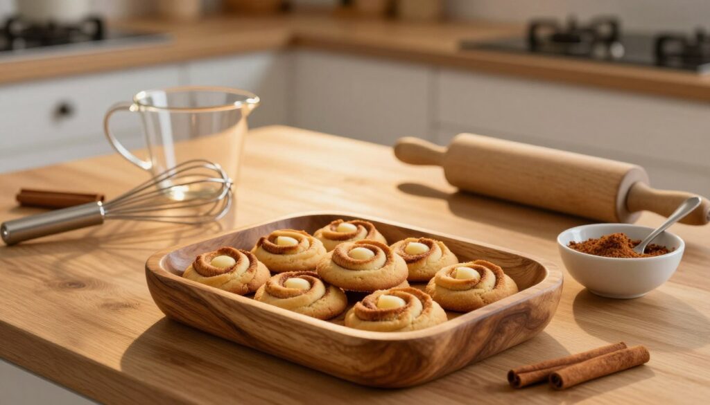 A cozy kitchen countertop featuring a simple cinnamon dessert setup. In the foreground, a rustic wooden baking dish is filled with cinnamon rolled butter swimming cookies, freshly baked and golden brown. Surrounding the dish are essential baking tools: a measuring cup, a whisk, a rolling pin, and a small bowl of cinnamon with a spoon. In the middle, a warm, inviting light illuminates the scene, with soft shadows enhancing the textures of the wood and the smoothness of the cookies. The background consists of a subtle blurred kitchen setting, hinting at a homey atmosphere. The scene evokes warmth and comfort, perfect for baking enthusiasts, with an emphasis on the tools needed for creating the delightful dessert.