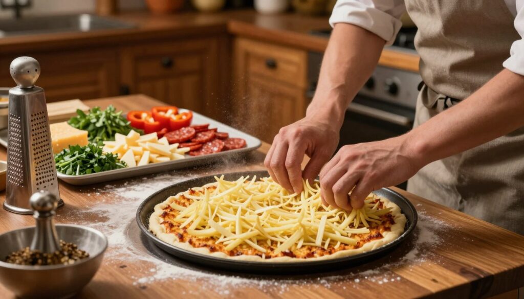 A cozy kitchen scene capturing the process of making hash brown pizza. In the foreground, a chef in a professional apron is skillfully pressing shredded potatoes into a golden, crispy crust in a round baking tray. The middle layer shows the ingredients laid out: cheese, fresh herbs, and toppings like pepperoni and bell peppers, with a close-up of a cheese grater. The background reveals a warm, inviting kitchen with rustic wooden cabinets and soft, ambient lighting, providing a homely atmosphere. A sprinkle of flour dust adds a sense of motion and preparation. The angle is slightly overhead, allowing a clear view of the action, emphasizing the fun and creativity of cooking.
