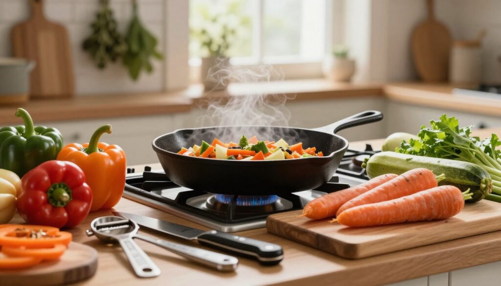 A cozy kitchen scene featuring a cast iron skillet on a stovetop, surrounded by an array of colorful, fresh vegetables like bell peppers, zucchini, and carrots, meticulously prepped on a wooden cutting board. In the foreground, a set of essential vegetable prep tools, such as a chef's knife, peeler, and measuring spoons, are artfully arranged. The middle ground showcases the skillet with a delicious stir-fry in progress, steam rising gently. The background is softly blurred, highlighting rustic kitchen elements like wooden cabinets and hanging herbs. Natural light streams in through a window, creating a warm and inviting atmosphere. The overall mood is cheerful and inspiring, encouraging the art of cooking from scratch.