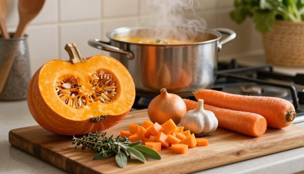 A cozy kitchen scene showcasing fresh, vibrant ingredients for healthy pumpkin soup. In the foreground, a halved, bright orange pumpkin sits next to chopped onions, garlic, and vibrant carrots, all on a rustic wooden cutting board. A small pile of aromatic herbs like thyme and sage adds a touch of green. The middle ground features a large pot on a stove, steam rising gently, hinting at something simmering inside. Soft, warm lighting casts a golden hue, enhancing the comforting atmosphere. In the background, hints of kitchen utensils and fresh vegetables create a homely feel. Capture a slightly elevated angle, emphasizing the arrangement of ingredients while creating depth. The overall mood should be inviting and warm, evoking a sense of health and comfort.