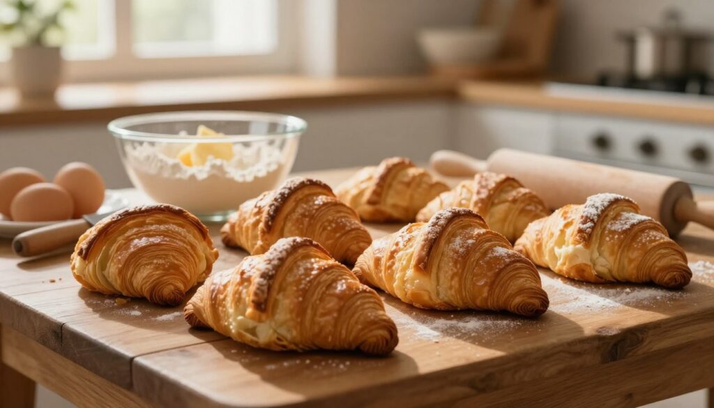 A cozy kitchen scene showcasing homemade pastries: in the foreground, a rustic wooden table laden with freshly baked croissants and a perfectly golden brioche. The croissants are flaky with a light sheen, showcasing their delicate layers, while the brioche is soft and pillowy, dusted lightly with flour. In the middle ground, a mixing bowl with flour, eggs, and butter indicates the process of making these pastries, with a rolling pin and a pastry brush nearby. The background features warm, soft lighting from a window that bathes the space in a golden hue, creating an inviting atmosphere. The scene captures the essence of Viennoiserie, blending bread and pastry in a warm, homey setting that inspires creativity and comfort.