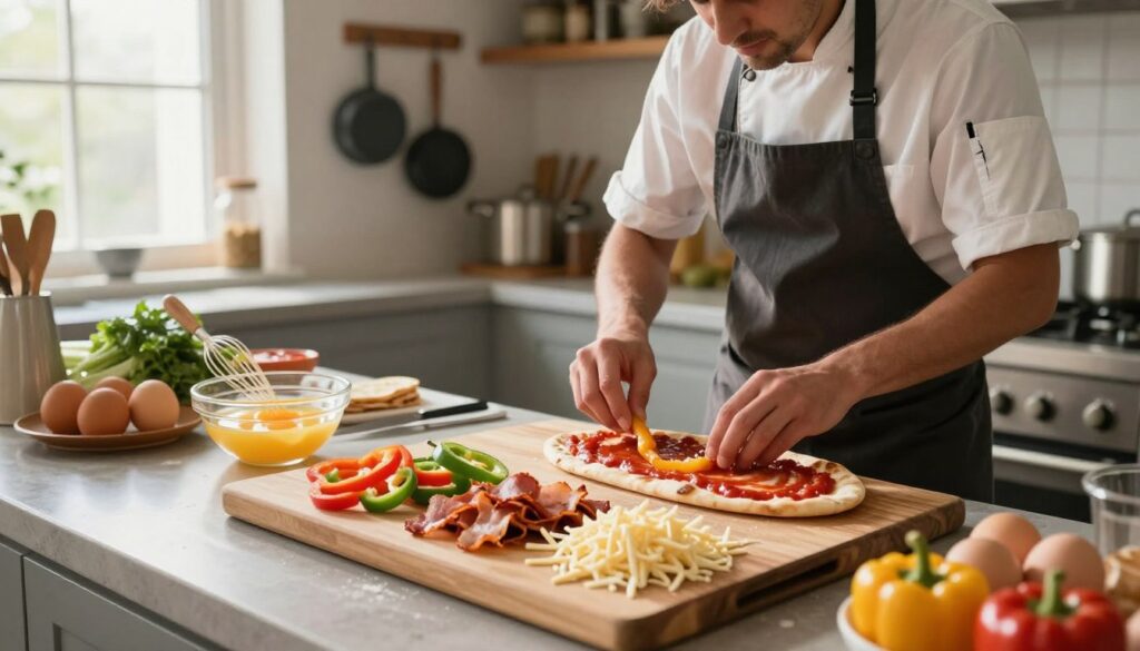 A cozy kitchen scene showcasing the preparation of breakfast naan pizza. In the foreground, a wooden cutting board is covered with colorful toppings: sliced bell peppers, crispy bacon bits, and shredded cheese, while a bowl of whisked eggs sits nearby. In the middle ground, a chef in a casual but tidy kitchen outfit is spreading tomato sauce on naan bread, carefully arranging the ingredients. The background reveals a well-organized kitchen with pots and pans hanging, sunlight streaming through a window, creating a warm and inviting atmosphere. The scene is shot from a slightly elevated angle to capture the busy counter and the chef's focused expression, highlighting the joy of making meals ahead of time. The lighting is soft and natural, emphasizing the vibrant colors of the fresh ingredients.
