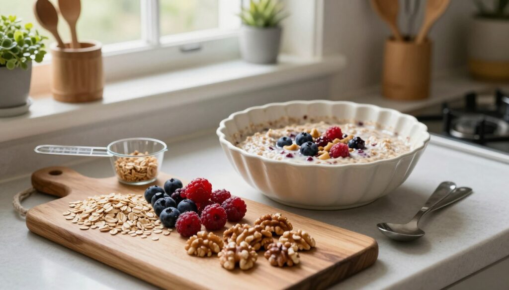 A cozy kitchen scene showcasing the preparation of healthy mixed berry-walnut baked oatmeal. In the foreground, a wooden cutting board displays whole grain oats, fresh mixed berries, and chopped walnuts, with measuring cups and spoons nearby. In the middle, a large mixing bowl with a creamy oatmeal mixture, speckled with berries and nuts, sits ready to be poured into a baking dish. The background includes soft natural light filtering through a window, illuminating a rustic kitchen with green plants and baking utensils, conveying a warm, inviting atmosphere. The scene exudes a sense of health and wellness, highlighting the simplicity and joy of cooking. The angle is slightly elevated, capturing all elements in a harmonious composition.