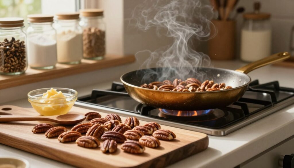 A cozy kitchen scene showcasing the process of toasting pecans for baking. In the foreground, a wooden cutting board holds a generous amount of raw pecans, with a golden-brown skillet beside it. A wooden spoon rests nearby, and a small bowl of melted butter glistens under warm kitchen lighting. In the middle, a stovetop with the skillet is slightly smoky, reflecting the heat as pecans sizzle, giving off a rich, nutty aroma. The background includes shelves filled with baking essentials like vanilla, sugar, and flour in glass jars, illuminated by soft, natural light filtering through a window. The atmosphere is warm and inviting, perfect for baking, capturing a sense of delicious anticipation. A cozy kitchen scene showcasing the process of toasting pecans for baking. In the foreground, a wooden cutting board holds a generous amount of raw pecans, with a golden-brown skillet beside it. A wooden spoon rests nearby, and a small bowl of melted butter glistens under warm kitchen lighting. In the middle, a stovetop with the skillet is slightly smoky, reflecting the heat as pecans sizzle, giving off a rich, nutty aroma. The background includes shelves filled with baking essentials like vanilla, sugar, and flour in glass jars, illuminated by soft, natural light filtering through a window. The atmosphere is warm and inviting, perfect for baking, capturing a sense of delicious anticipation.