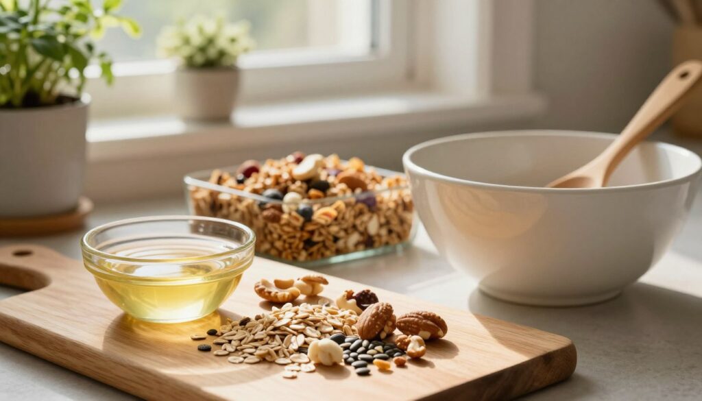 A cozy kitchen scene showcasing the step-by-step process of making homemade granola muesli with coconut oil. In the foreground, a wooden cutting board is filled with ingredients: oats, nuts, seeds, and a small bowl of melted coconut oil, glistening in warm light. A mixing bowl sits nearby, with a wooden spoon resting against its side. In the middle, partially assembled granola forms a colorful mixture waiting to be baked. In the background, soft diffused sunlight streams through a window, illuminating herbs in pots and giving an inviting, homey feel. The overall atmosphere is warm, bright, and inviting, emphasizing the joy of cooking and creating a healthy breakfast treat. A cozy kitchen scene showcasing the step-by-step process of making homemade granola muesli with coconut oil. In the foreground, a wooden cutting board is filled with ingredients: oats, nuts, seeds, and a small bowl of melted coconut oil, glistening in warm light. A mixing bowl sits nearby, with a wooden spoon resting against its side. In the middle, partially assembled granola forms a colorful mixture waiting to be baked. In the background, soft diffused sunlight streams through a window, illuminating herbs in pots and giving an inviting, homey feel. The overall atmosphere is warm, bright, and inviting, emphasizing the joy of cooking and creating a healthy breakfast treat.