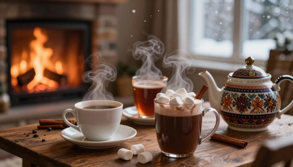 A cozy winter scene depicting an array of steaming hot drinks, such as tea, coffee, and hot chocolate, displayed on a wooden table. In the foreground, a frothy mug of hot chocolate garnished with marshmallows and a cinnamon stick sits beside a decorative teapot with vibrant patterns. In the middle, warm, ambient light casts a soft glow over the drinks, enhancing their inviting steam rising into the cool air. The background features a softly lit fireplace with crackling logs and a window showing gently falling snowflakes outside. The atmosphere exudes warmth and comfort, perfect for the winter season, inviting viewers to embrace the health benefits of these hot beverages, such as relaxation and immune support. Soft focus on the background adds depth, with a slight bokeh effect highlighting the drinks. A cozy winter scene depicting an array of steaming hot drinks, such as tea, coffee, and hot chocolate, displayed on a wooden table. In the foreground, a frothy mug of hot chocolate garnished with marshmallows and a cinnamon stick sits beside a decorative teapot with vibrant patterns. In the middle, warm, ambient light casts a soft glow over the drinks, enhancing their inviting steam rising into the cool air. The background features a softly lit fireplace with crackling logs and a window showing gently falling snowflakes outside. The atmosphere exudes warmth and comfort, perfect for the winter season, inviting viewers to embrace the health benefits of these hot beverages, such as relaxation and immune support. Soft focus on the background adds depth, with a slight bokeh effect highlighting the drinks.