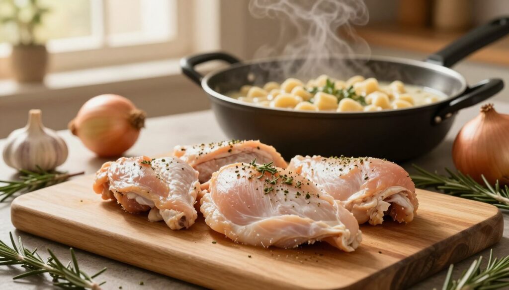 A cutting board elegantly arranged with prepared chicken breast pieces, seasoned and ready for cooking, sits in the foreground. The chicken is garnished with a sprinkle of fresh herbs, highlighting a hint of green. In the middle ground, a pot of creamy gnocchi soup is partially visible, steaming gently, suggesting warmth and comfort. The background features a cozy kitchen setting, with soft, warm lighting filtering through a window, casting a golden hue over the scene. A few ingredients like garlic, onion, and a sprig of rosemary are thoughtfully placed around the board, enhancing the cooking atmosphere. The overall mood is inviting and homely, perfect for culinary inspiration. The image composition captures a close-up, emphasizing the textures of the chicken and the enticing color of the soup.