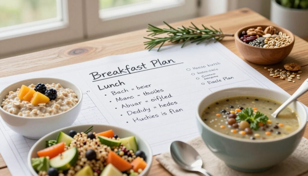 A detailed blueprint for a 1-day high fiber meal plan, laid out on a wooden table. In the foreground, colorful meals representing breakfast, lunch, and dinner are artistically arranged: oatmeal topped with fruits, a quinoa salad with varied vegetables, and a lentil soup bowl. In the middle, handwritten notes with bullet points highlight key fiber-rich ingredients like beans, whole grains, and fresh greens. The background features natural light pouring in from a nearby window, illuminating a sprig of rosemary and a bowl filled with assorted nuts and seeds. The atmosphere is warm and inviting, evoking a sense of health and wellness, with a subtle focus on nutrition. Soft depth of field, with a slight tilt-shift effect to emphasize the meal plan’s details. A detailed blueprint for a 1-day high fiber meal plan, laid out on a wooden table. In the foreground, colorful meals representing breakfast, lunch, and dinner are artistically arranged: oatmeal topped with fruits, a quinoa salad with varied vegetables, and a lentil soup bowl. In the middle, handwritten notes with bullet points highlight key fiber-rich ingredients like beans, whole grains, and fresh greens. The background features natural light pouring in from a nearby window, illuminating a sprig of rosemary and a bowl filled with assorted nuts and seeds. The atmosphere is warm and inviting, evoking a sense of health and wellness, with a subtle focus on nutrition. Soft depth of field, with a slight tilt-shift effect to emphasize the meal plan’s details.