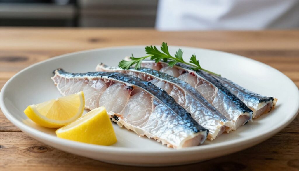A finely presented plate of blue ling julienne fillet, beautifully arranged, is the focus of the image. The fillet should be delicately sliced into long, thin strips, showcasing the fish's rich, bluish-gray color and flaky texture. In the foreground, the fillet is garnished with fresh herbs and lemon wedges, enhancing its appeal. The middle ground features a rustic wooden table surface, adding warmth to the scene. Soft, natural lighting creates subtle highlights on the fish, emphasizing its freshness, while a blurred background hints at a clean kitchen environment, suggesting a culinary workspace. The overall mood is inviting and professional, perfect for highlighting this exquisite fish dish in a culinary context.