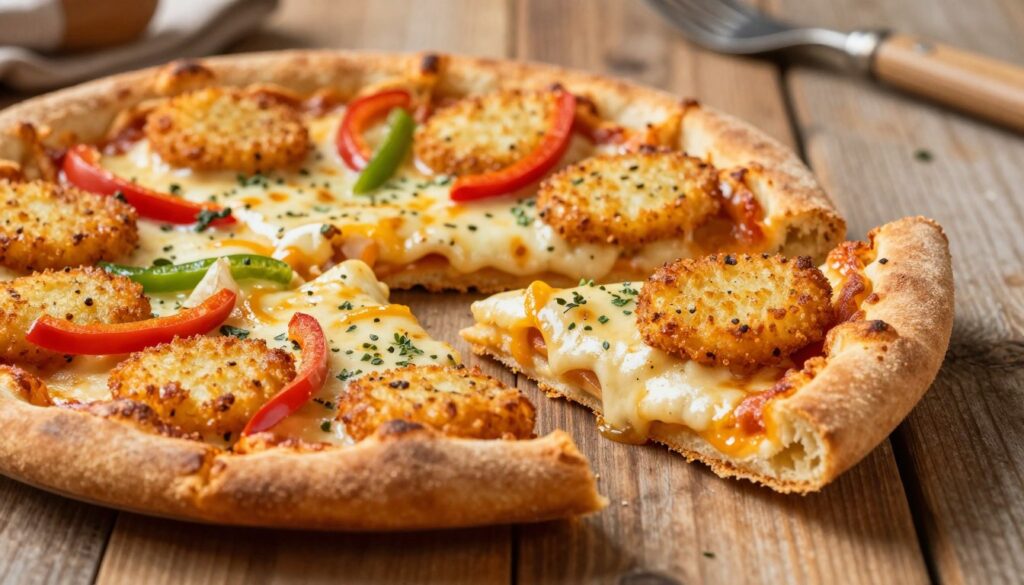 A fresh, mouthwatering crispy hash brown crust pizza, showcasing a beautifully golden exterior that glistens under soft, warm lighting. The pizza is vibrant with an assortment of melted cheese, bubbling slightly at the edges, and topped with colorful bell peppers and a sprinkle of herbs. In the foreground, a slice is pulled away, revealing the delicious, fluffy texture of the hash brown crust. The middle ground features a rustic wooden table surface that adds warmth and a homely feel. The background subtly includes blurred kitchen elements, suggesting a cozy cooking environment with soft-focus kitchen utensils. The atmosphere should evoke comfort and indulgence, designed to make viewers crave a slice of this innovative pizza.