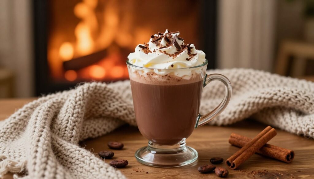 A luxurious cup of rich hot chocolate sits elegantly on a wooden table, garnished with whipped cream, chocolate shavings, and a sprinkle of cinnamon. The thick beverage is in a clear glass mug, allowing the viewer to see its deep brown color and creamy texture. In the foreground, a cozy knitted scarf is partially draped beside the cup, while a few cinnamon sticks and cocoa beans are artfully arranged around it. The middle background features a softly glowing fireplace, casting warm, inviting light that accentuates the luxuriousness of the drink. The atmosphere feels cozy and indulgent, perfect for winter. The scene is captured with a warm, soft focus, creating an inviting mood that emphasizes decadence and comfort. A luxurious cup of rich hot chocolate sits elegantly on a wooden table, garnished with whipped cream, chocolate shavings, and a sprinkle of cinnamon. The thick beverage is in a clear glass mug, allowing the viewer to see its deep brown color and creamy texture. In the foreground, a cozy knitted scarf is partially draped beside the cup, while a few cinnamon sticks and cocoa beans are artfully arranged around it. The middle background features a softly glowing fireplace, casting warm, inviting light that accentuates the luxuriousness of the drink. The atmosphere feels cozy and indulgent, perfect for winter. The scene is captured with a warm, soft focus, creating an inviting mood that emphasizes decadence and comfort.