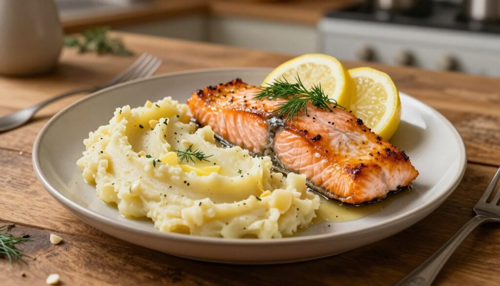A meticulously arranged plate featuring creamy garlic mashed potatoes, rich with buttery texture and speckled with fragrant garlic. Next to it, a perfectly baked salmon fillet, glistening with a golden crust, garnished with fresh herbs like dill and lemon slices. The scene is set on a rustic wooden table, with soft, warm lighting casting a gentle glow that highlights the dish's inviting colors. In the background, a blurred setting of a cozy kitchen adds home-like warmth without distraction. The composition captures a harmonious and hearty atmosphere, emphasizing the comfort of a heartwarming dinner. The angle is slightly overhead, showcasing the dish prominently while inviting a sense of intimacy for the viewer.