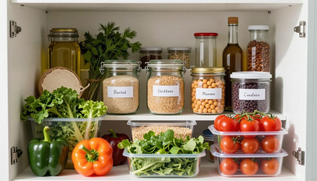 A neatly organized pantry filled with vibrant, healthy lunch meal prep ingredients. In the foreground, an array of colorful fresh vegetables like bell peppers, cherry tomatoes, and leafy greens sits in clear containers. The middle layer features whole grains, such as quinoa and brown rice in glass jars, complemented by protein sources like canned chickpeas and lentils, all labeled for easy access. In the background, a carefully arranged assortment of herbs and spices brightens the scene, with jars of olive oil and vinegar adding a homey touch. Soft natural lighting filters in, casting gentle shadows that enhance the freshness of the ingredients. The overall atmosphere is inviting, encouraging quick, healthy meal preparation, perfect for busy lifestyles. The composition is shot from a slightly elevated angle, showcasing the abundance and organization of the pantry.
