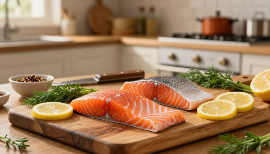 A pristine selection of fresh salmon fillets displayed on a rustic wooden cutting board. In the foreground, showcase the rich texture and vibrant colors of the salmon, highlighting both the deep orange flesh and the silvery skin, with garnishes of fresh herbs like dill and lemon slices artfully arranged around it. In the middle, include some kitchen tools—such as a sharp knife and a small bowl of seasoning blends—providing context for a cooking atmosphere. In the background, softly blurred out, display a well-lit kitchen with wooden cabinets and hanging pots to create a warm, inviting ambiance. The lighting should be soft and natural, reminiscent of golden hour, to evoke a cozy home cooking feel. The overall mood is fresh, inviting, and ideal for understanding quality salmon selections.