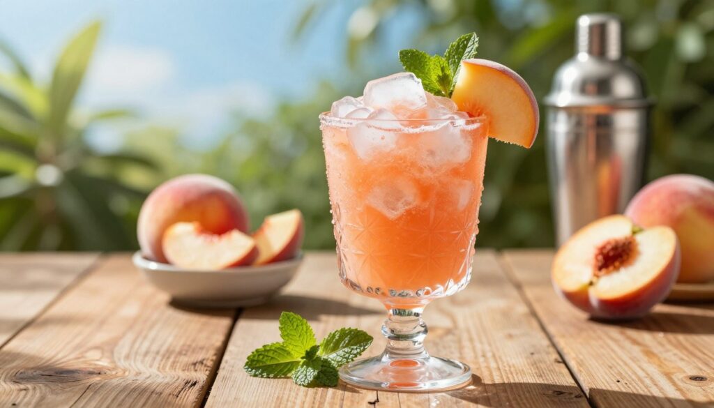 A refreshing peach frosé cocktail in a beautifully crafted glass, nestled on a rustic wooden table. In the foreground, the vibrant pinkish-orange drink is filled with icy slush and garnished with fresh peach slices and mint leaves. The glass glistens in the sunlight, with droplets of condensation adding a refreshing touch. In the middle ground, soft-focus elements include a small bowl of peach slices and a cocktail shaker, hinting at the cocktail-making process. The background features a sunny outdoor setting with lush green plants and a bright blue sky, enhancing the uplifting summer atmosphere. The lighting is warm and inviting, casting a gentle glow that envelops the scene, evoking a sense of relaxation and enjoyment. A refreshing peach frosé cocktail in a beautifully crafted glass, nestled on a rustic wooden table. In the foreground, the vibrant pinkish-orange drink is filled with icy slush and garnished with fresh peach slices and mint leaves. The glass glistens in the sunlight, with droplets of condensation adding a refreshing touch. In the middle ground, soft-focus elements include a small bowl of peach slices and a cocktail shaker, hinting at the cocktail-making process. The background features a sunny outdoor setting with lush green plants and a bright blue sky, enhancing the uplifting summer atmosphere. The lighting is warm and inviting, casting a gentle glow that envelops the scene, evoking a sense of relaxation and enjoyment.