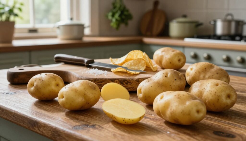 A rustic kitchen counter showcases freshly harvested Maris Piper and Yukon Gold potatoes, ideal for making thick cut chips. The foreground features a selection of these large, unpeeled potatoes, showcasing their earthy textures and robust shapes. In the middle ground, an ornate wooden cutting board holds a sharp knife, and a bowl of coarse salt is nearby, hinting at the preparation process. The background reveals a softly lit kitchen with vintage cookware and hanging herbs, creating a warm, inviting atmosphere. The lighting is warm and natural, streaming from a window, highlighting the golden hues of the potatoes. The composition captures the essence of traditional British cooking, evoking nostalgia and culinary craftsmanship.