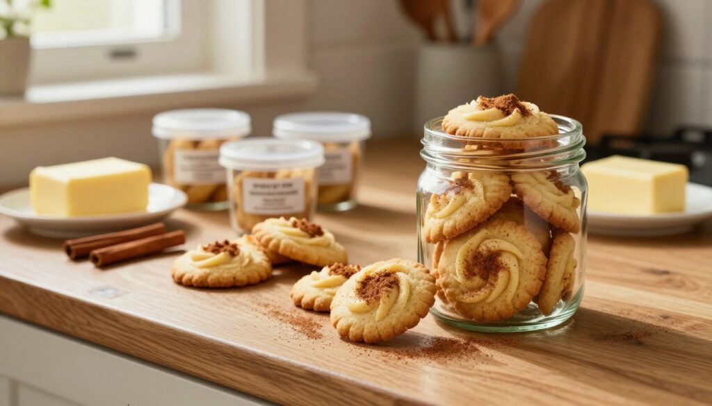 A rustic kitchen scene featuring a collection of beautifully arranged homemade butter swimming cookies sprinkled with cinnamon. In the foreground, a clear glass jar partially filled with the cookies is placed on a wooden countertop, showcasing their golden-brown edges and a dusting of cinnamon on top. The middle ground includes small containers labeled with tips for storing cookies, surrounded by sprigs of cinnamon and a butter dish. The background features warm, soft lighting filtering through a window, illuminating an inviting atmosphere with cozy kitchen utensils. The scene conveys a sense of homeliness and warmth, perfect for capturing the essence of baking and storing delicious treats. The angle is slightly elevated, creating an inviting perspective for viewers.