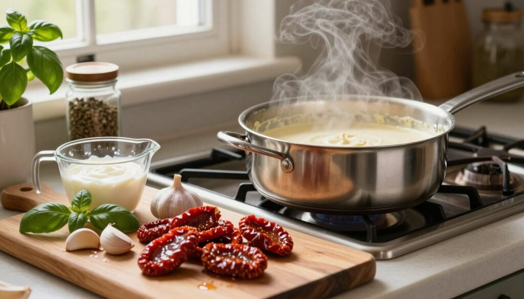 A rustic kitchen scene focusing on the process of making creamy sun-dried tomato sauce from scratch. In the foreground, a wooden cutting board displays vibrant sun-dried tomatoes, fresh garlic cloves, and chopped basil, with a measuring cup of heavy cream nearby. In the middle, a stainless-steel saucepan sits on the stove, with the creamy sauce simmering, creating gentle wisps of steam. The background features warm, soft, natural lighting streaming in through a window, highlighting jars of spices and a vibrant green basil plant. The atmosphere is cozy and inviting, suggesting a homely cooking experience. The angle is a slightly elevated view, capturing both the ingredients and the simmering sauce, with a focus on texture and detail.