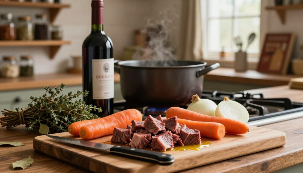 A rustic kitchen scene showcasing the preparation of ingredients for beef bourguignon. In the foreground, a wooden cutting board displays neatly diced beef, vibrant carrots, and aromatic onions, glistening with a touch of olive oil. A sharp knife rests beside the ingredients. In the middle, a large pot sits on a stove, surrounded by fresh herbs like thyme and bay leaves, while a bottle of red wine leans casually against the pot. The background features warm, soft lighting from a nearby window, casting a cozy glow, with wooden shelves lined with spices, a few cookbooks, and kitchen utensils. The atmosphere is inviting and homely, perfect for culinary creation.