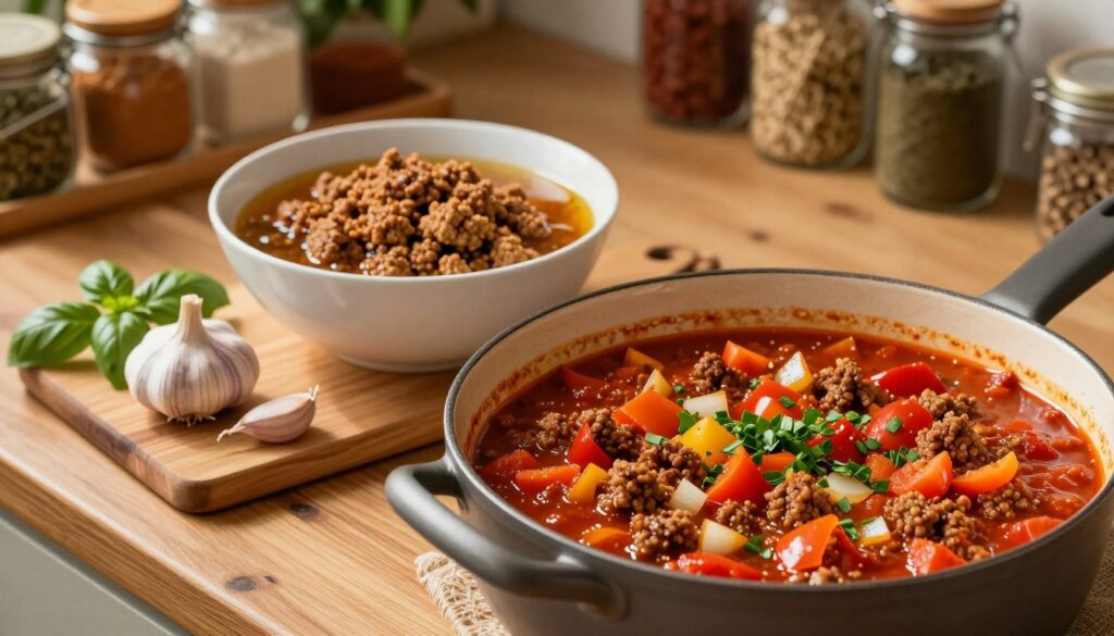 A rustic kitchen setting, featuring a wooden countertop with a bowl of textured vegetable protein (TVP) soaking in a flavorful broth. In the foreground, a stylish pot simmers with a rich, tomato-based bolognese sauce, full of vibrant colors from diced bell peppers, onions, and herbs. On the side, there's a cutting board with fresh garlic and basil, adding to the culinary ambiance. Soft, warm lighting illuminates the scene, creating a cozy, inviting atmosphere. In the background, shelves lined with jars of spices and ingredients add depth. The composition should evoke a sense of homemade comfort, celebrating the essence of a hearty, meaty vegan dish without any visible text or distractions.