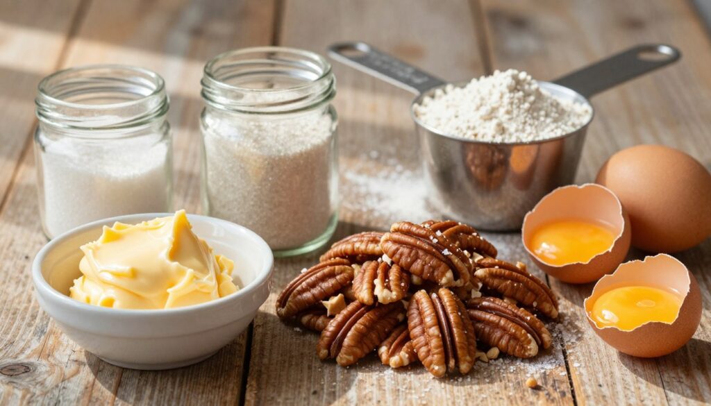 A rustic wooden surface serves as the backdrop for a vibrant display of ingredients needed for homemade butter pecan cookies. In the foreground, a bowl of creamy, golden butter sits next to a heap of finely chopped pecans, glistening with a hint of sea salt. A small glass jar filled with granulated sugar and another with brown sugar are artfully arranged nearby, along with a measuring cup of flour showing a slight dusting of powder. A couple of eggs, one cracked open with its yolk glimmering, complete the scene. Soft, diffused natural light filters in from the left, casting gentle shadows, creating a warm and inviting atmosphere, perfect for a cozy baking session. The overall mood is homey and deliciously enticing. A rustic wooden surface serves as the backdrop for a vibrant display of ingredients needed for homemade butter pecan cookies. In the foreground, a bowl of creamy, golden butter sits next to a heap of finely chopped pecans, glistening with a hint of sea salt. A small glass jar filled with granulated sugar and another with brown sugar are artfully arranged nearby, along with a measuring cup of flour showing a slight dusting of powder. A couple of eggs, one cracked open with its yolk glimmering, complete the scene. Soft, diffused natural light filters in from the left, casting gentle shadows, creating a warm and inviting atmosphere, perfect for a cozy baking session. The overall mood is homey and deliciously enticing.