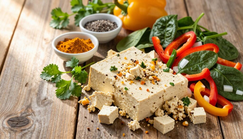 A rustic wooden surface serves as the backdrop, showcasing an array of fresh ingredients for a tofu scramble. In the foreground, a block of firm tofu is crumbled into fluffy pieces, surrounded by vibrant chopped vegetables including bell peppers, spinach, and onions in vivid colors. Fresh herbs, like cilantro and parsley, are scattered artfully alongside. A small bowl of golden turmeric powder and a pinch of black salt are placed strategically, emphasizing the seasoning. Soft, natural light streams from the left, creating gentle shadows and enhancing the textures of the ingredients. The scene radiates a warm, inviting atmosphere, perfect for a wholesome vegan breakfast. The camera angle is slightly above, capturing the richness and variety of the ingredients harmoniously arranged for the ideal tofu scramble.