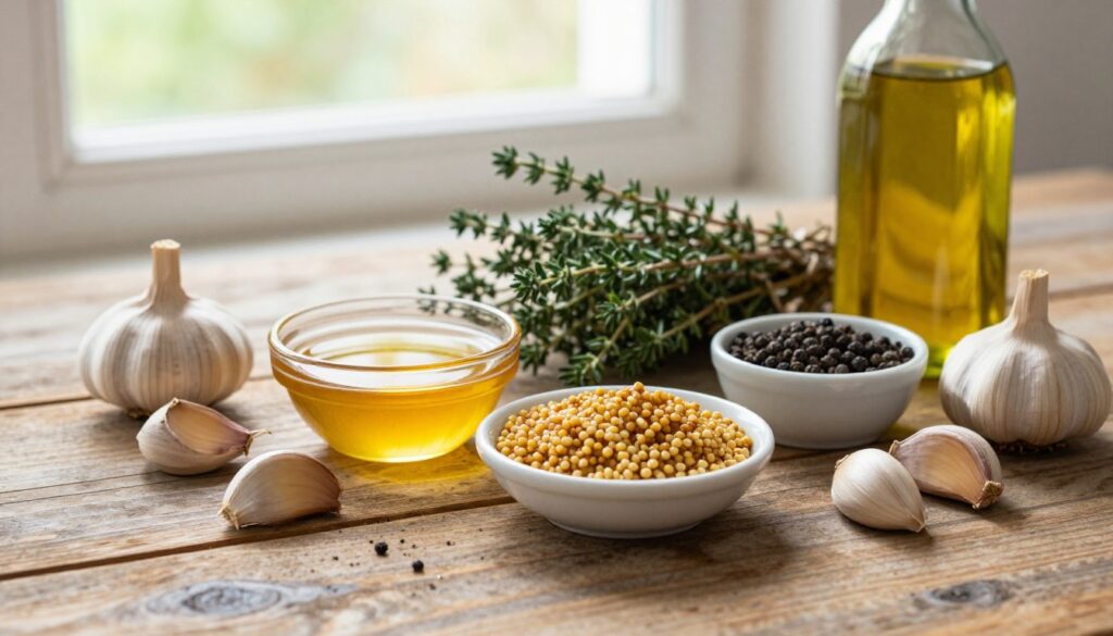 A rustic wooden table serves as the foreground, adorned with fresh garlic cloves, a small dish of honey, grainy mustard, and a bottle of olive oil. The middle ground features vibrant sprigs of fresh thyme and a small bowl of cracked black pepper, adding a touch of color and texture. In the background, soft, natural light filters through a nearby window, creating a warm, inviting atmosphere that highlights the ingredients. The composition is shot from a slight overhead angle to capture the arrangement and textures of the ingredients. The overall mood is warm and homey, evoking a sense of comfort and culinary creativity. No text or additional elements are present in the composition.