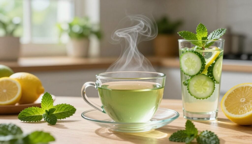 A serene arrangement of anti-inflammatory beverages, featuring a steaming cup of green tea with delicate steam rising, alongside a glass of infused water with vibrant slices of cucumber, lemon, and fresh mint leaves. The foreground highlights the textures of the beverages in elegant glassware, with a soft wooden surface beneath. In the middle, a gently blurred background reveals a sunlit kitchen with lush houseplants, enhancing the fresh and healthy ambiance. Natural light filters through a nearby window, casting soft shadows and creating a calming atmosphere. The color palette is rich with greens, yellows, and earthy tones, evoking a sense of wellness and vitality. The composition is warm and inviting, perfect for illustrating the benefits of hydration in battling inflammation.