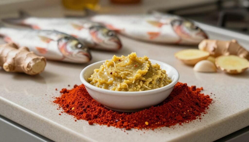 A stylish kitchen countertop scene showcasing a small white bowl filled with fresh ginger garlic paste, surrounded by a mound of vibrant red chili powder. The ginger and garlic paste should appear creamy with specks of garlic visible, while the chili powder should be bright and rich in color. In the background, an assortment of fresh fish marinating in spices can be slightly blurred to keep the focus on the paste and powder. The lighting is warm and inviting, creating a homey atmosphere, with soft shadows emphasizing the textures of the ingredients. A shallow depth of field is used to draw attention to the paste and chili powder, capturing the essence of preparing a flavorful fish marinade.