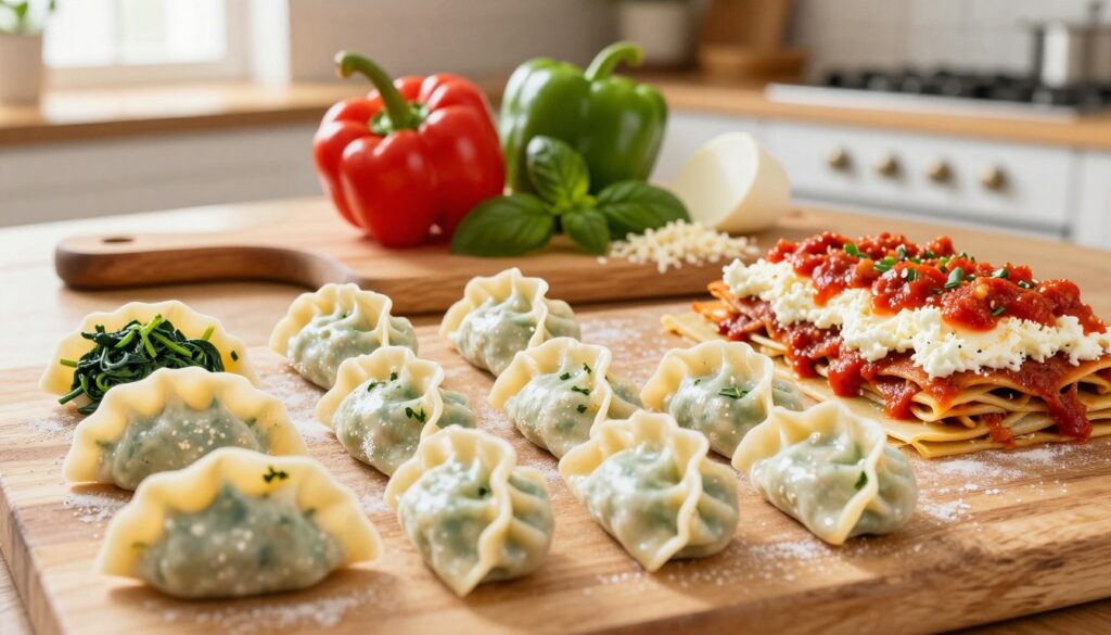 A top-down view of a beautifully arranged selection of dumpling lasagna ingredients on a rustic wooden surface. In the foreground, there are soft, handcrafted dumplings filled with cheese and herbs, arranged artfully beside layers of marinated spinach, rich ricotta cheese, and a vibrant homemade marinara sauce. In the middle, a chopping board holds vibrant bell peppers, fresh basil, and a sprinkle of mozzarella cheese. The background features a softly blurred kitchen environment with warm, natural lighting streaming in through a window, creating a cozy and inviting atmosphere. The scene is detailed and well-composed, focusing on the colorful ingredients, evoking a sense of culinary creativity and warmth.