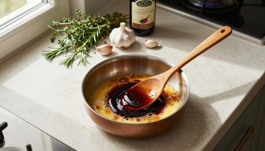 A top-down view of a rustic kitchen countertop featuring the preparation of balsamic glaze brown butter sauce. In the foreground, a small, elegant saucepan sits over a low flame with golden, bubbling brown butter and dark balsamic vinegar swirling together, releasing a glossy sheen. A wooden spoon rests beside it, partially dipped in the sauce, showcasing its rich, caramel color. In the middle background, fresh herbs—like thyme and rosemary—and a few whole garlic cloves are scattered artfully, with a bottle of balsamic vinegar in focus. Soft, natural lighting floods the scene through a nearby window, creating warm shadows and enhancing the inviting atmosphere of home cooking. The overall mood is cozy and professional, inspiring culinary creativity.