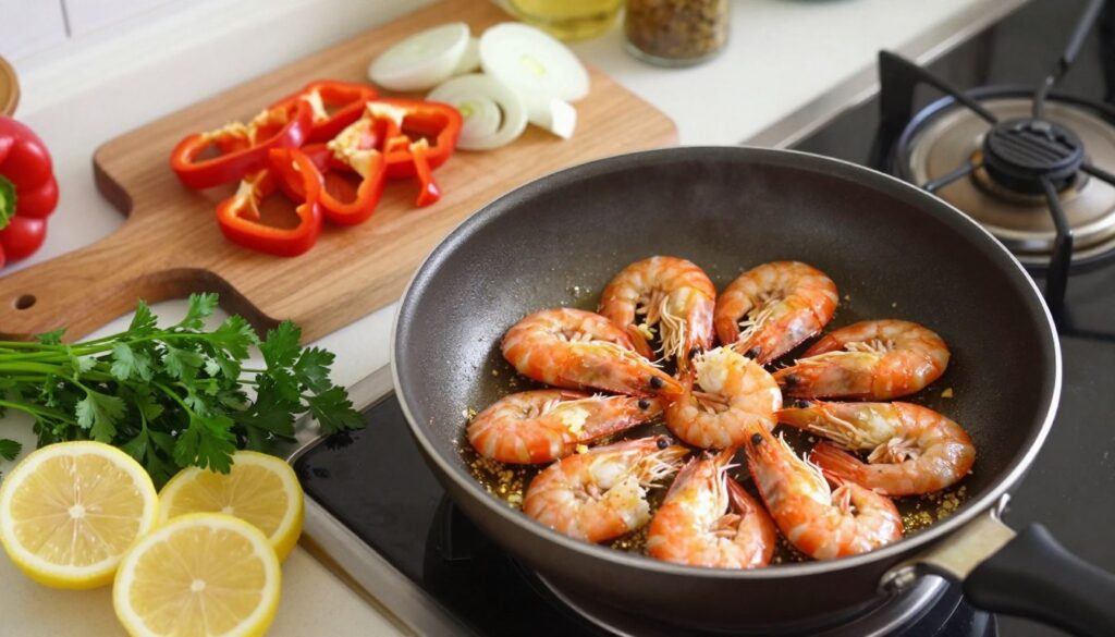 A top-down view of a vibrant kitchen workspace showcasing the step-by-step process of pan-frying shrimp. In the foreground, a non-stick skillet is sizzling with shrimp, their pink color contrasting beautifully against the golden butter and garlic. Fresh herbs like parsley and slices of lemon are artfully arranged beside the pan for garnish. In the middle ground, a wooden cutting board displays chopped vegetables such as bell peppers and onions, ready to be added. The background reveals soft, warm lighting, creating a cozy cooking atmosphere, with a hint of a spice rack and utensils. The mood is inviting and fragrant, emphasizing the quick, easy, and flavorful essence of pan-fried shrimp cooking.