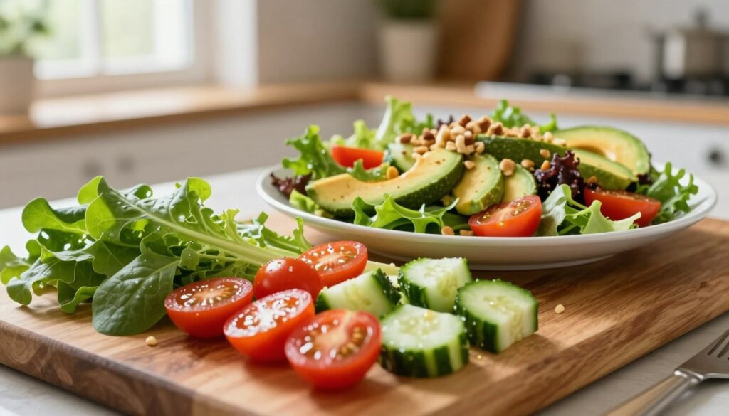 A vibrant and colorful arrangement of healthy salad building blocks, featuring fresh ingredients such as leafy greens, ripe cherry tomatoes, diced cucumbers, avocados, and a sprinkle of nuts. In the foreground, a wooden cutting board displays the salad components artfully arranged, with light glistening off the fresh produce. In the middle, a spacious white plate showcases a beautifully crafted salad, layered with greens, textures, and colors, exuding freshness. In the background, a soft-focus kitchen setting with natural light filtering through a window adds warmth and a homey atmosphere. Use a shallow depth of field to emphasize the salad in the foreground, creating a sense of inviting comfort and healthiness. The overall mood is fresh, wholesome, and appetizing, reflecting the essence of healthy eating.